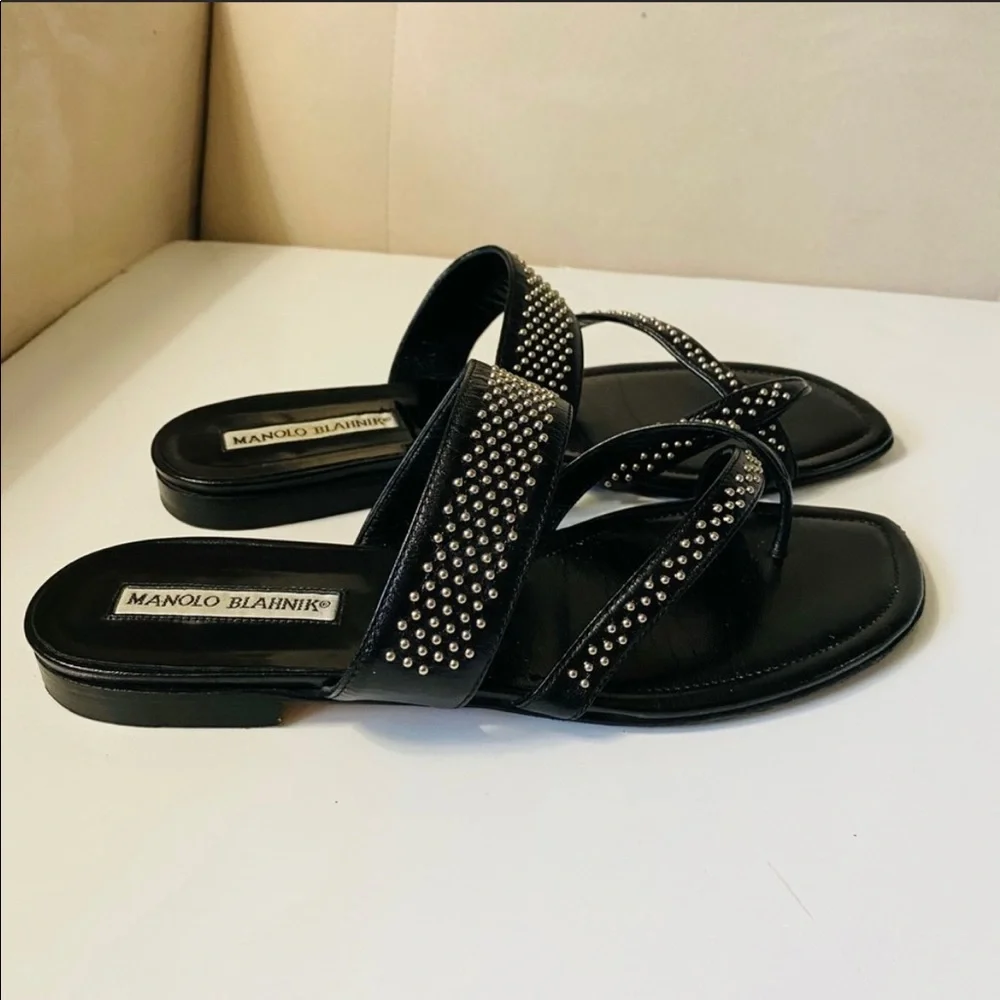 SOLD  Manolo Blahnik Susa Black Sandals Flats 38 - Picture 7 of 9